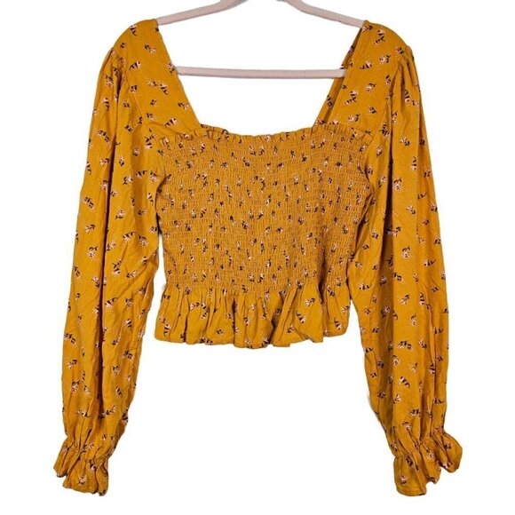 BP Mustard Yellow Floral Shirred Ruffle Hem Long Sleeve Crop Top L - Picture 2 of 8